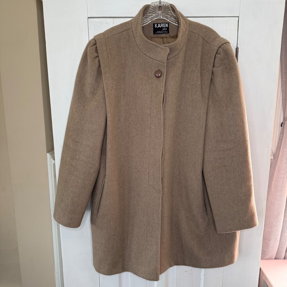 KAREN plus LG Camel Ribbed Wool Silk Cashmere Blend Coat Button Front Dress 80s